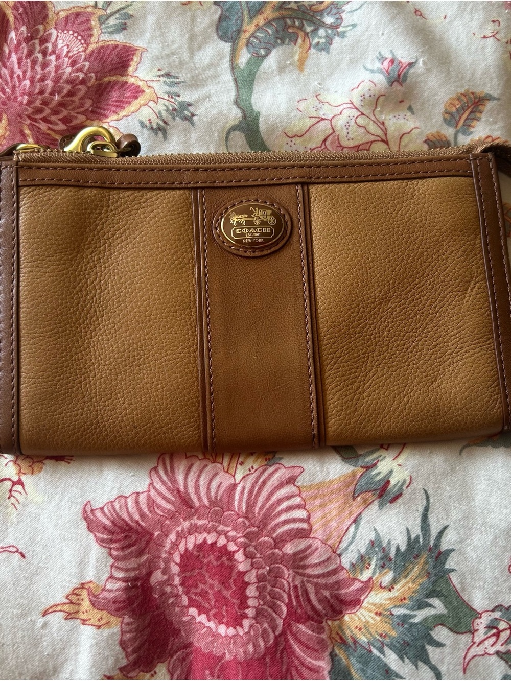 Coach Tan Leather Zip Wristlet with Gold Accent